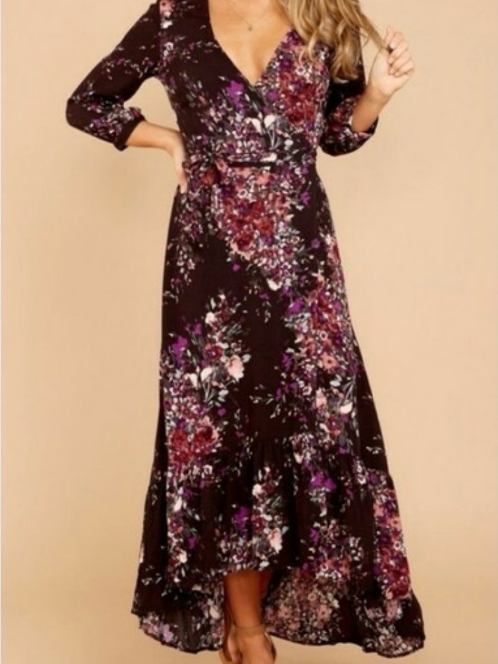 Love Stitch Black Floral Wrap Maxi Dress